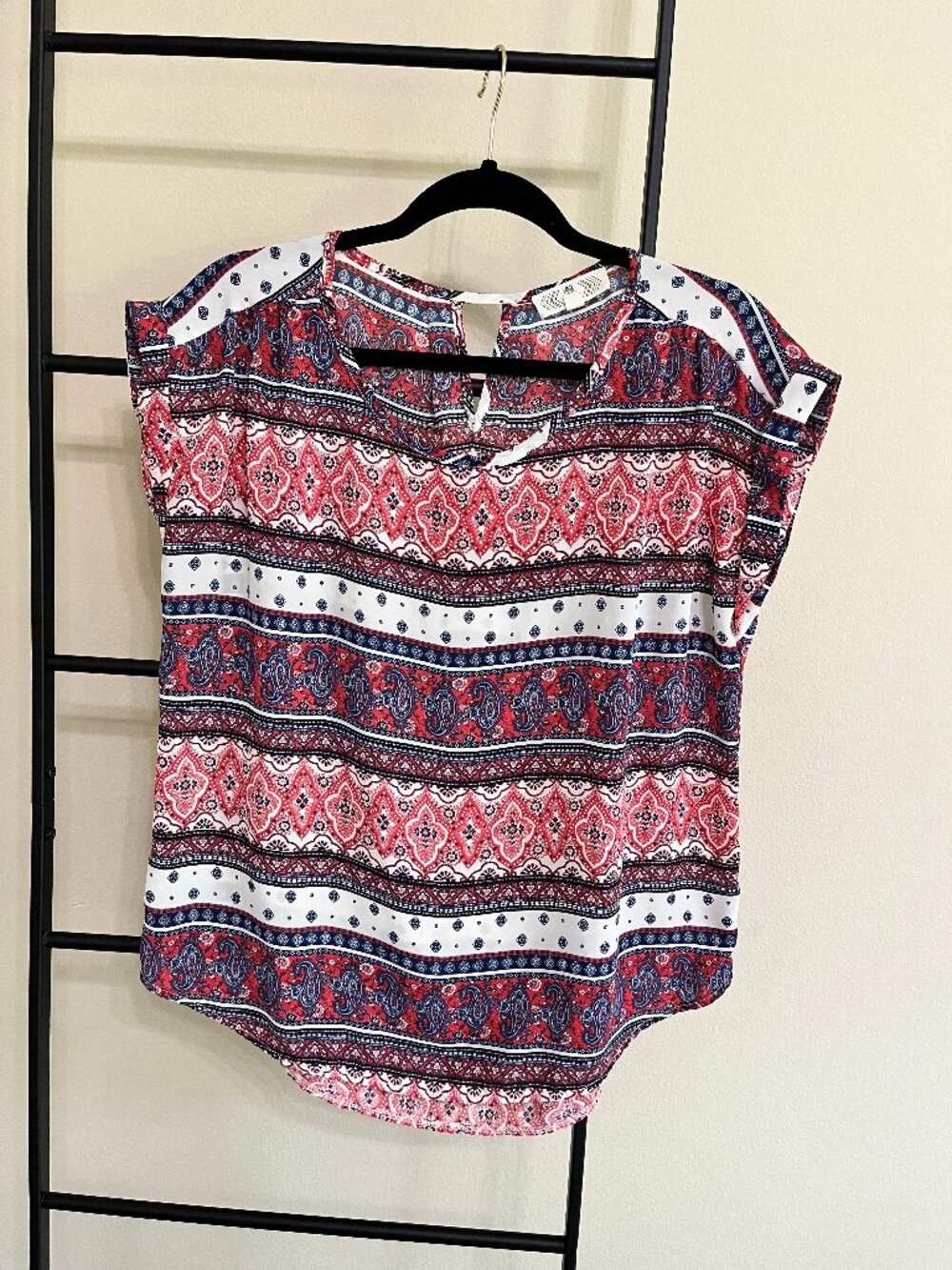 Pink Rose Boho Paisley Print Casual Top Size Large